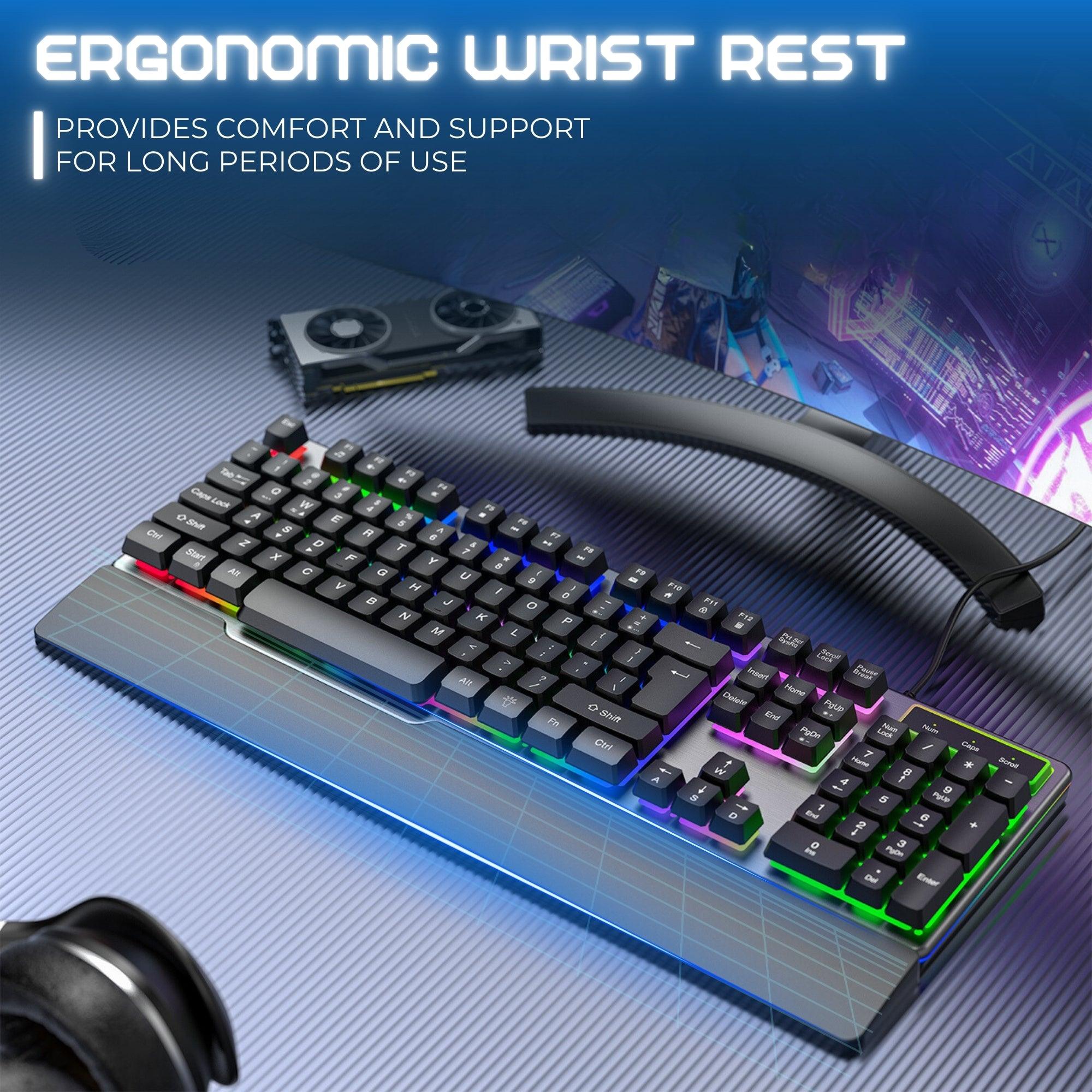 Dr Luxur® ErgoFizz Gaming Membrane Keyboard with Mechanical Key Feel With Ergonomic Wrist Pad