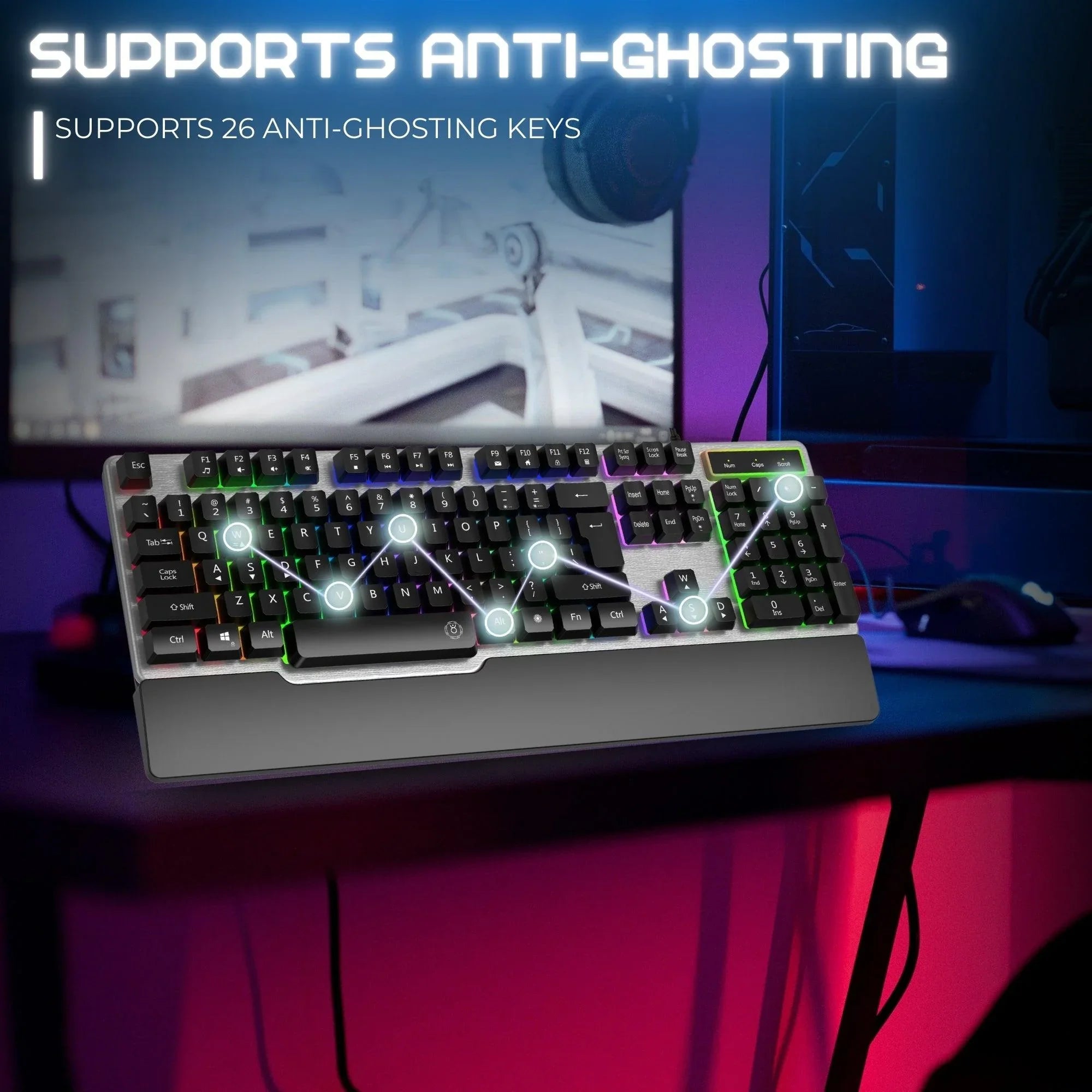 Dr Luxur® ErgoFizz Gaming Membrane Keyboard with Mechanical Key Feel With Ergonomic Wrist Pad