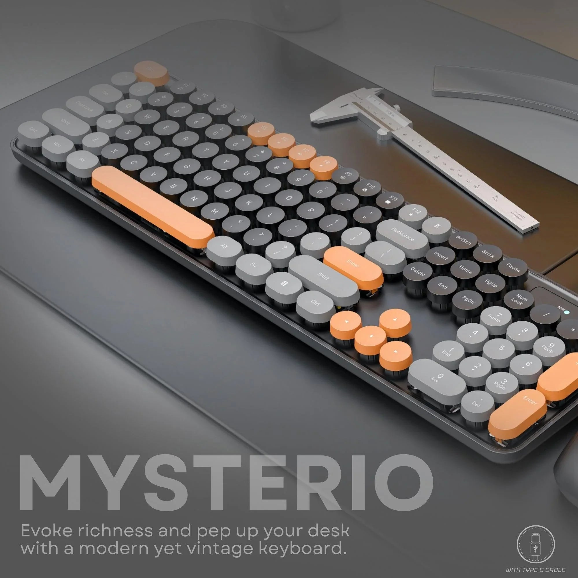 Dr Luxur® Mysterio Wired Typewriter Style Keyboard and Mouse Combo, 104 Keys, Colourful Round Keycaps, for Windows, Mac, PC, Laptop, Desktop