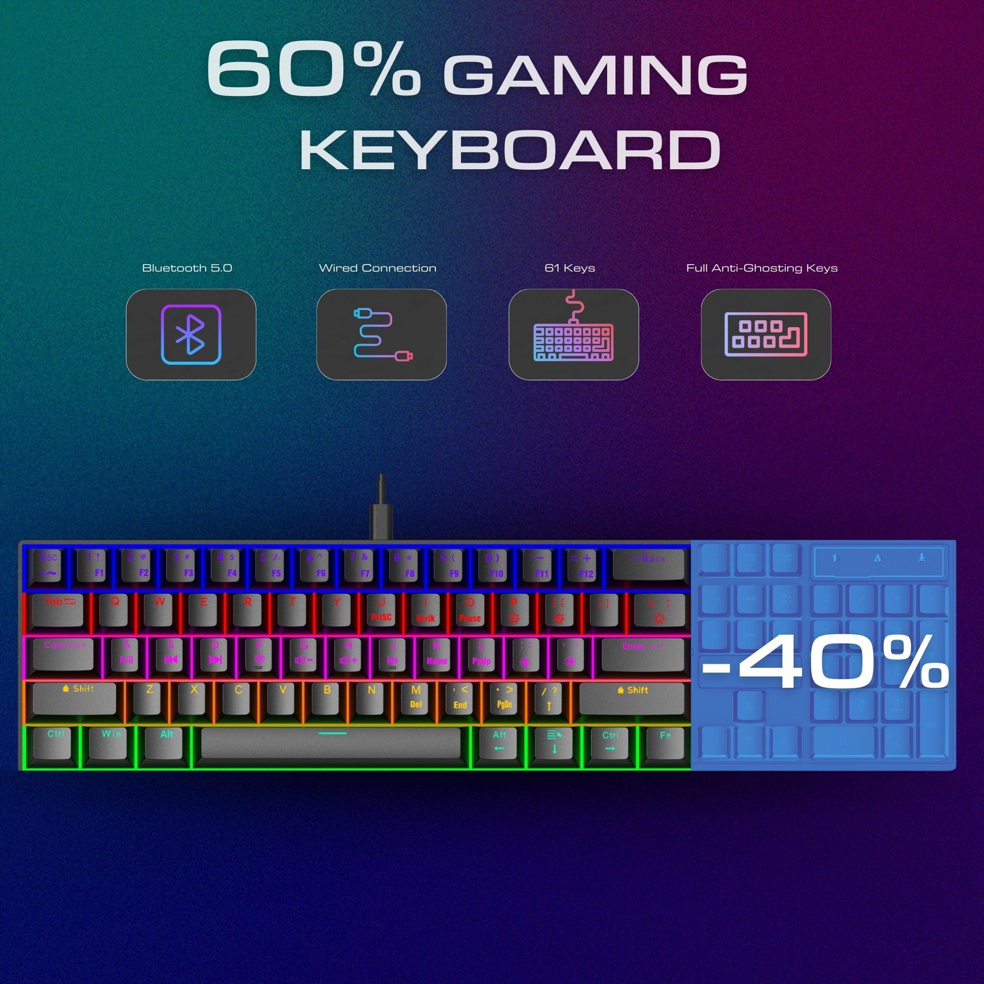 Dr Luxur® Dark Fire 60% Mechanical Keyboard with Type C Cable - 24 Lighting Modes with Blue/Red Switches