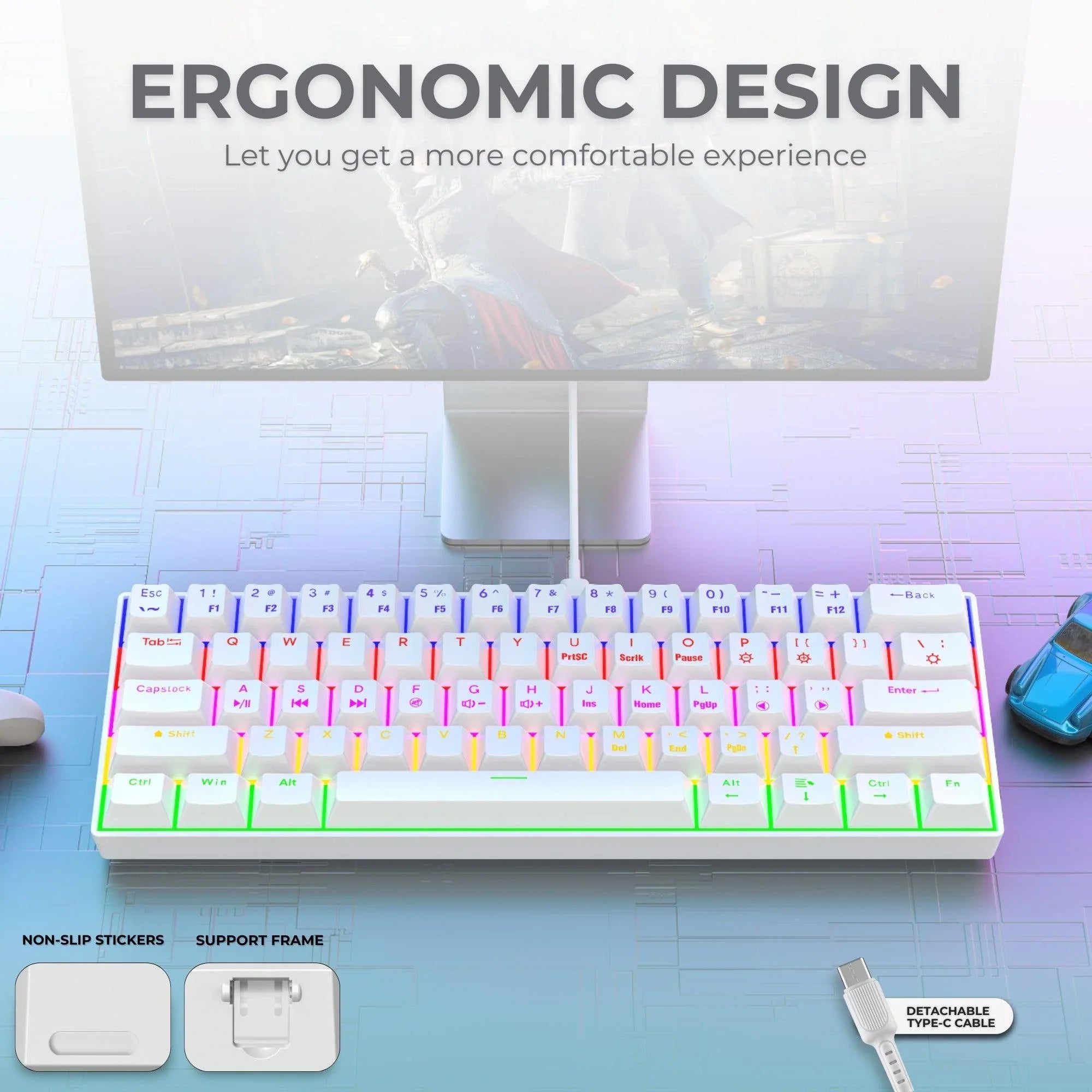 Dr Luxur® Dark Fire 60% Mechanical Keyboard with Type C Cable - 24 Lighting Modes with Blue/Red Switches