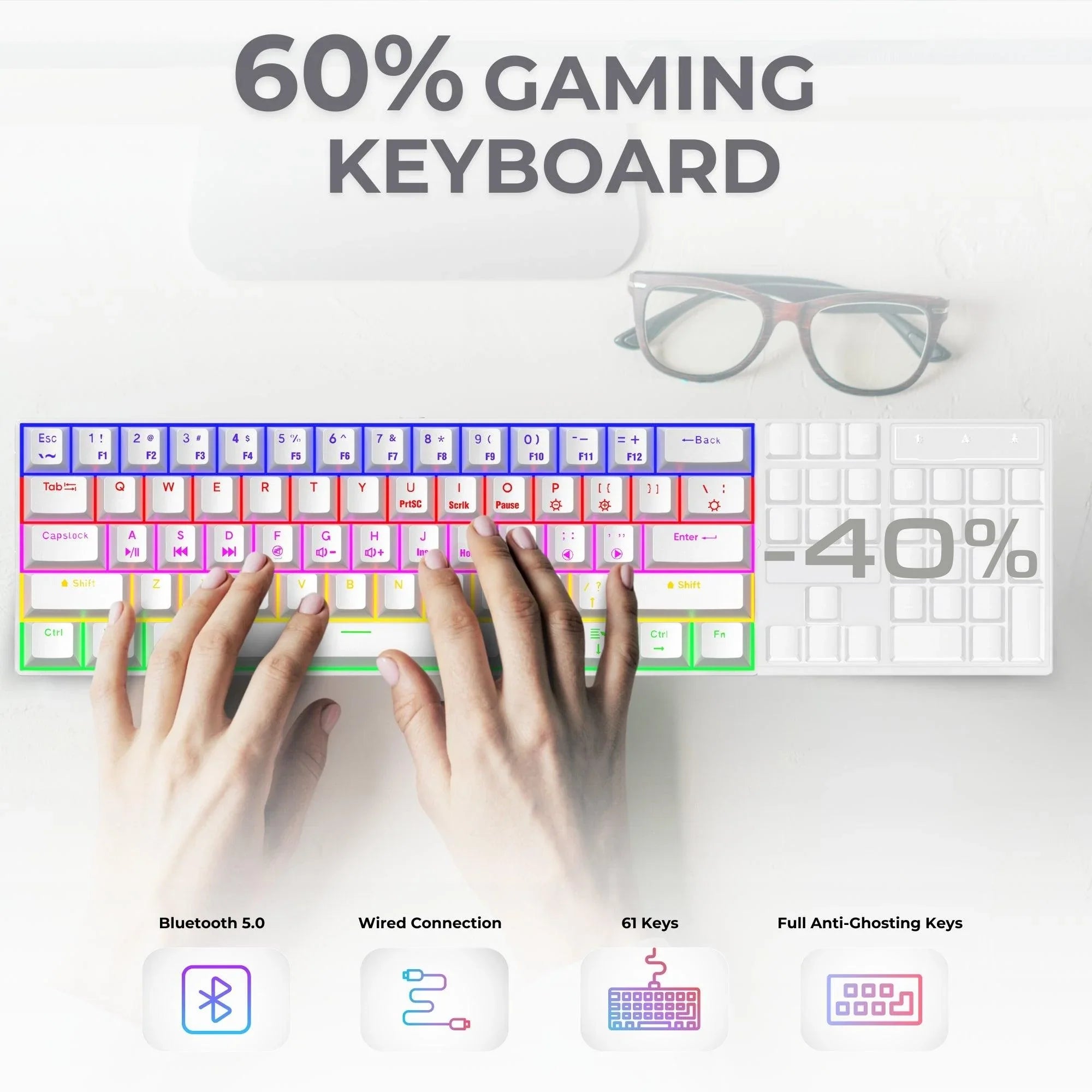 Dr Luxur® Dark Fire 60% Mechanical Keyboard with Type C Cable - 24 Lighting Modes with Blue/Red Switches