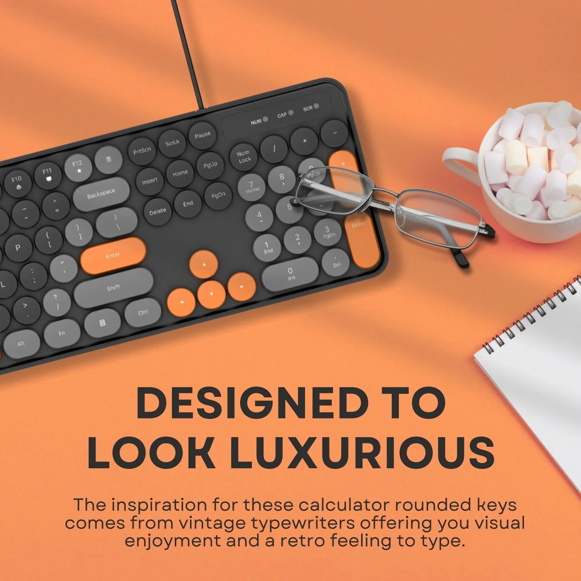 Dr Luxur® Mysterio Wired Typewriter Style Keyboard and Mouse Combo, 104 Keys, Colourful Round Keycaps, for Windows, Mac, PC, Laptop, Desktop