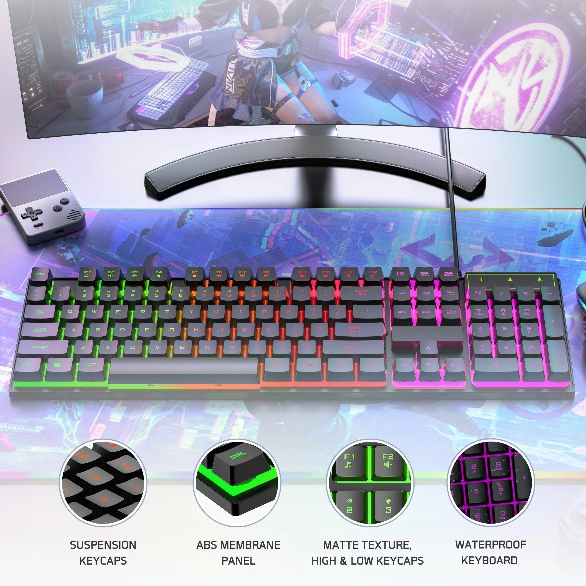 Dr Luxur® Fireball Ergonomic Keyboard and Mouse Combo, 104 Keys with Laser Keycaps, Rainbow Backlight Effect, Anti Ghosting Keys and Adjustable 5 DPI Modes Upto 7200 for Gaming and Work
