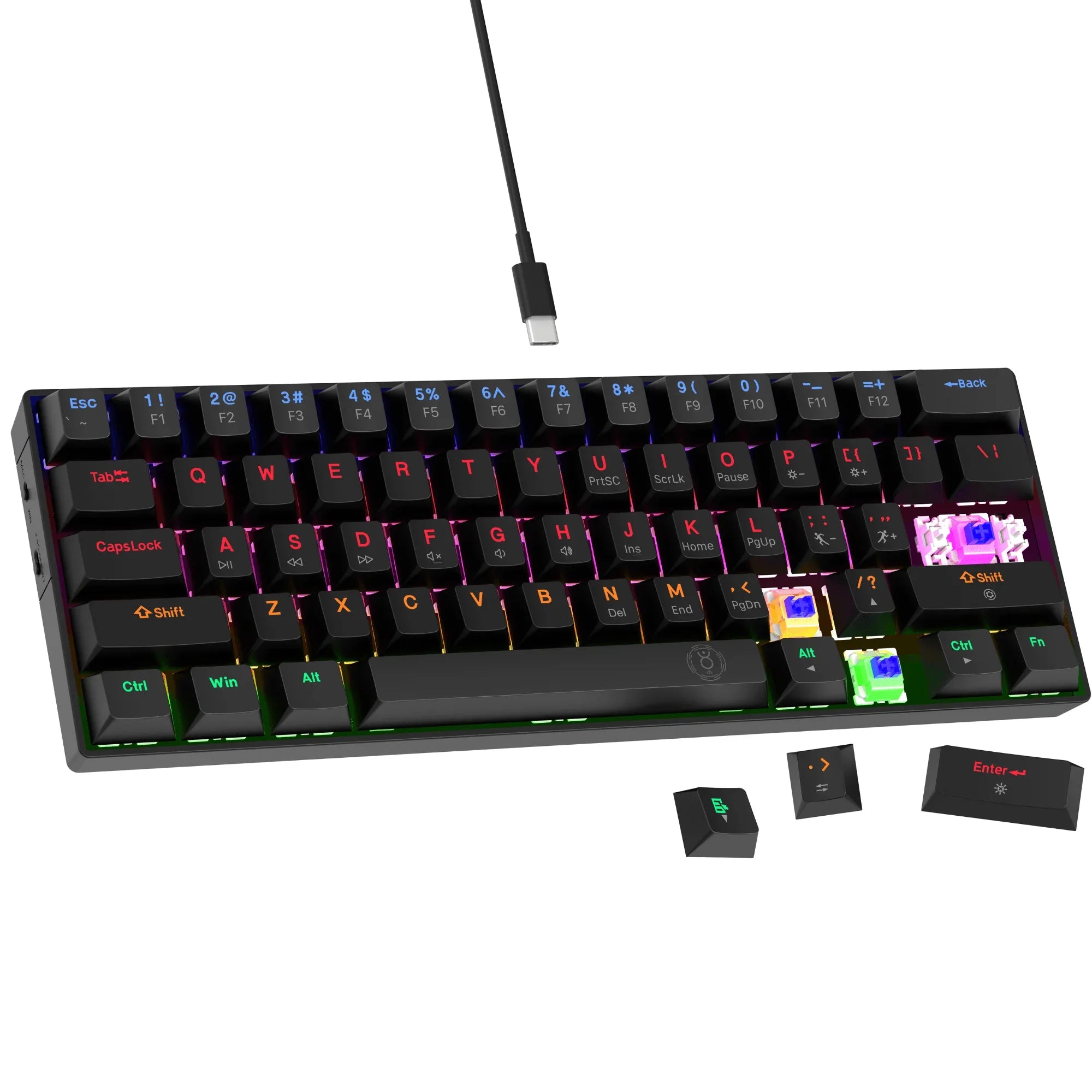 Dr Luxur® Dark Fire 60% Mechanical Keyboard with Type C Cable - 24 Lighting Modes with Blue/Red Switches