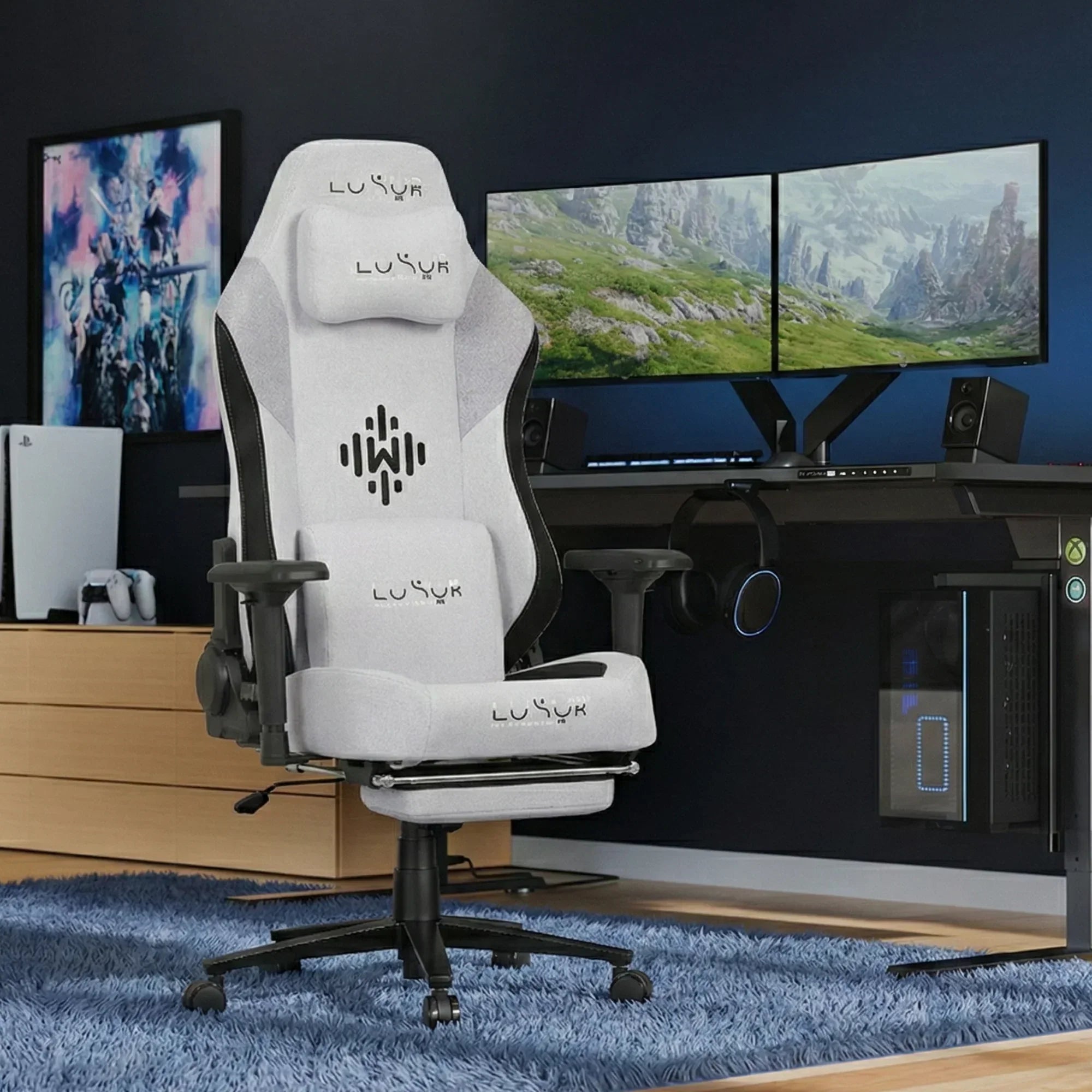 Dr Luxur® Weavemonster Grey Ergonomic Gaming Chair for Office Work at Home with Breathable Honeycombed Fabric, Magnetic Neck & Lumbar Pillow, Footrest