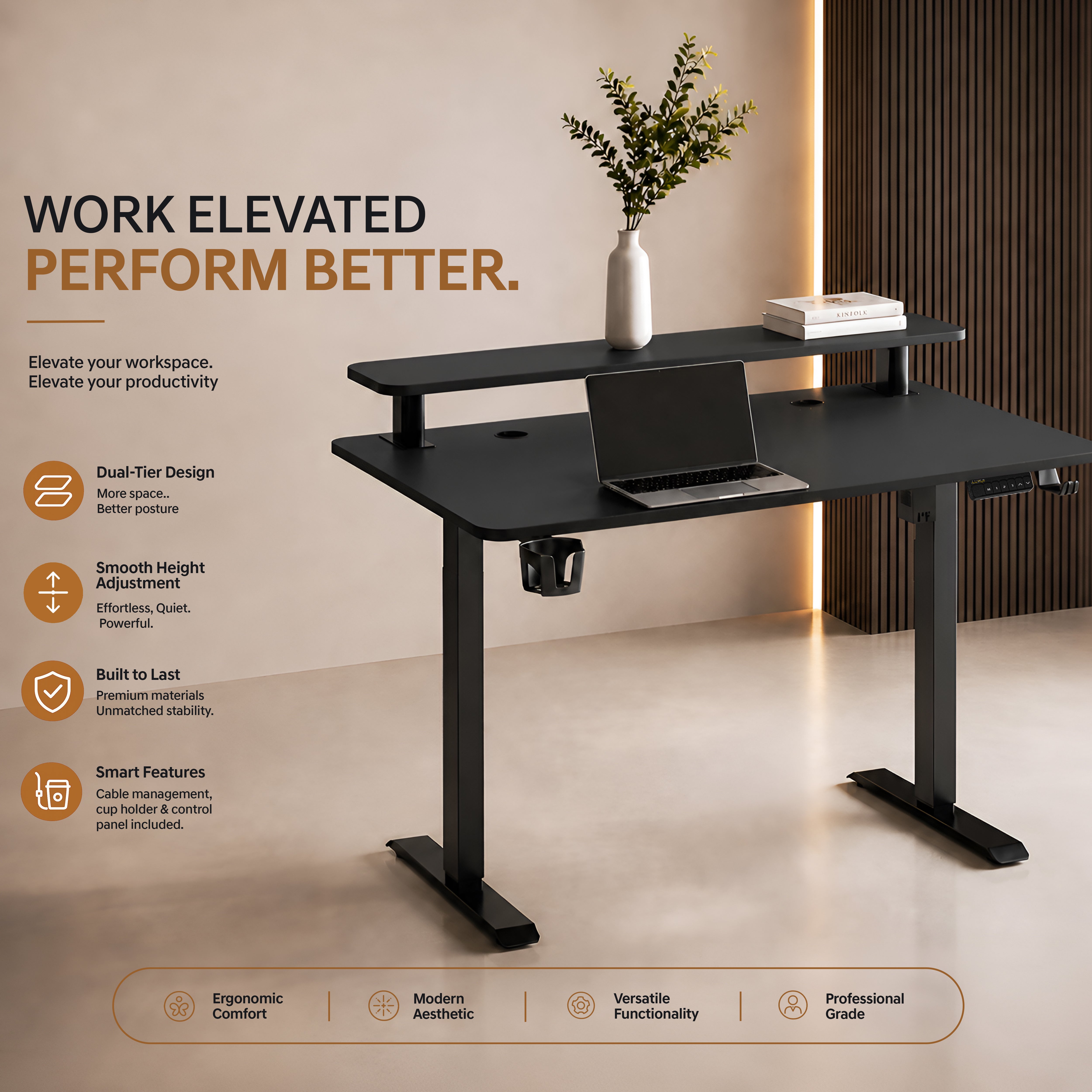 DrLuxur Zenith Momentum Adjustable Desk with Monitor Riser, 70-114 cm , 1400 * 60 cm Table top with child lock and 3 Memory Presets