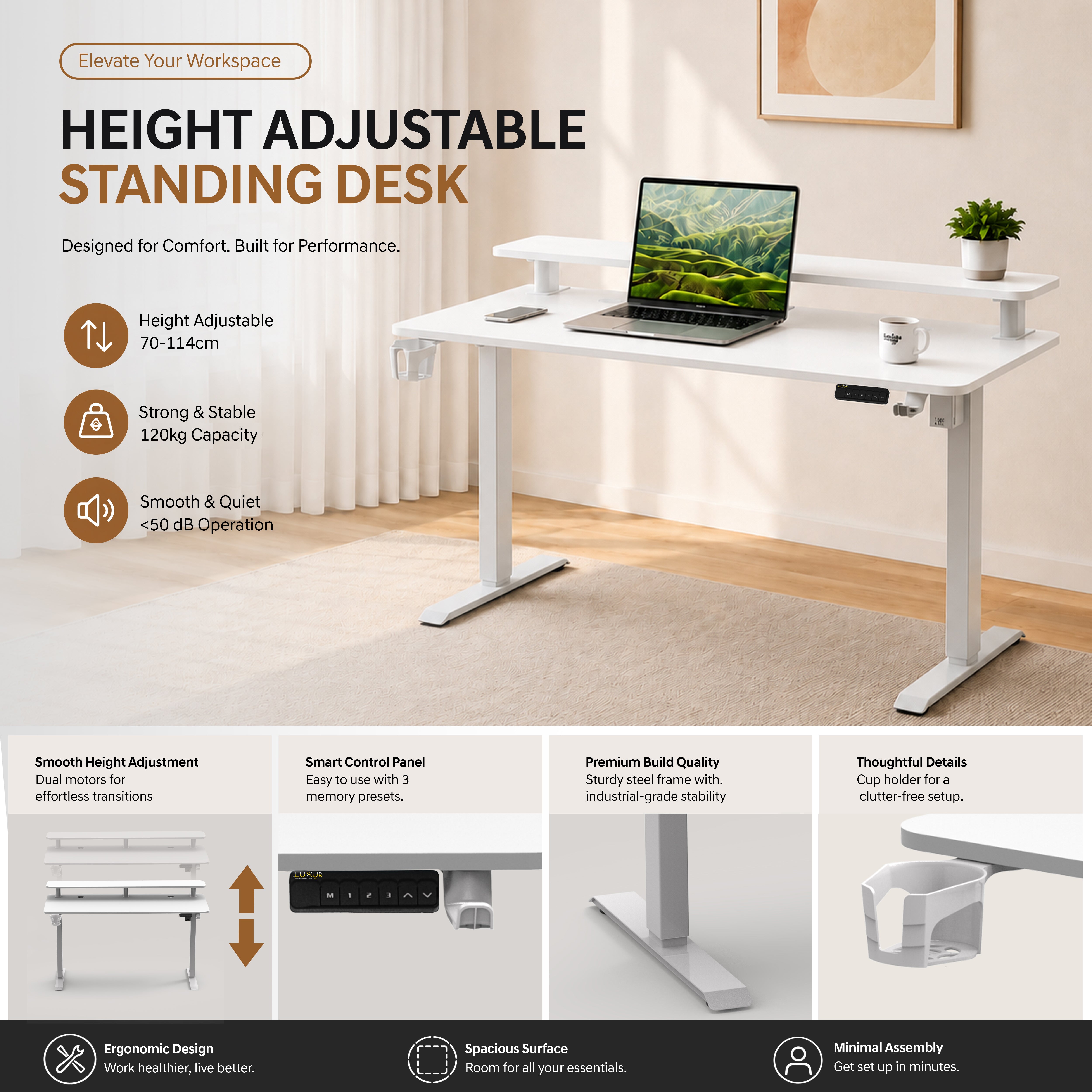 DrLuxur Zenith Momentum Adjustable Desk with Monitor Riser, 70-114 cm , 1400 * 60 cm Table top with child lock and 3 Memory Presets