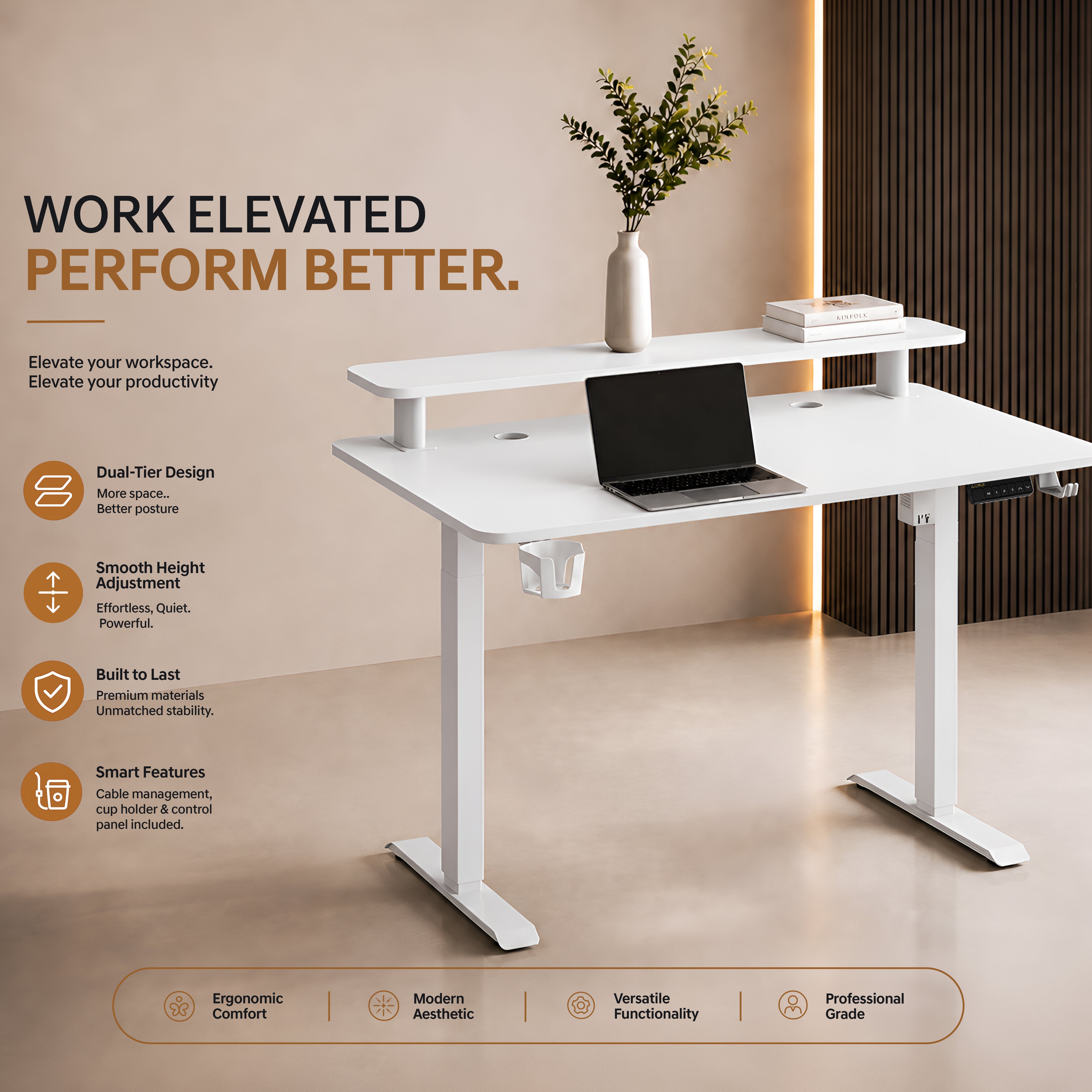 DrLuxur Zenith Momentum Adjustable Desk with Monitor Riser, 70-114 cm , 1400 * 60 cm Table top with child lock and 3 Memory Presets
