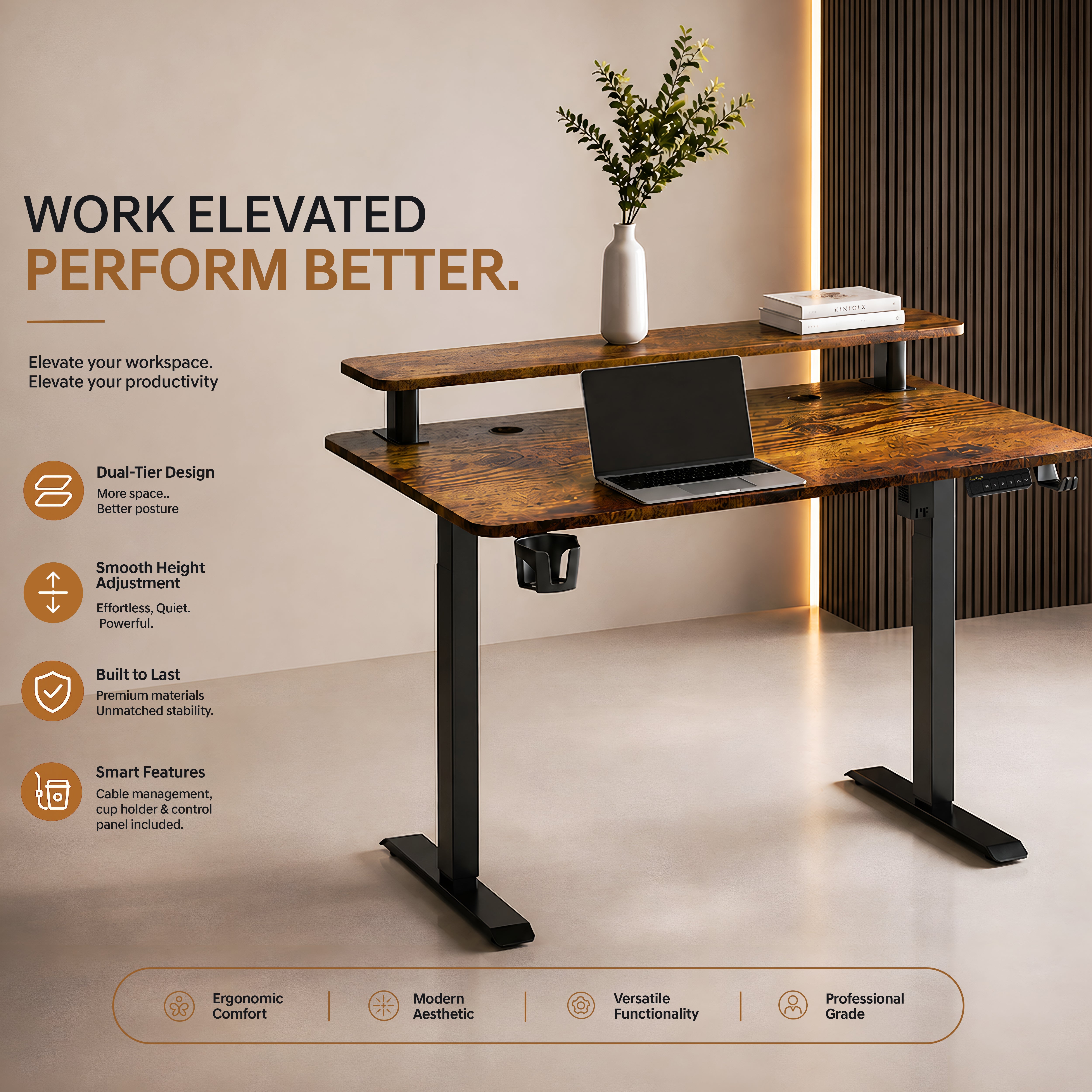 DrLuxur Zenith Momentum Adjustable Desk with Monitor Riser, 70-114 cm , 1400 * 60 cm Table top with child lock and 3 Memory Presets