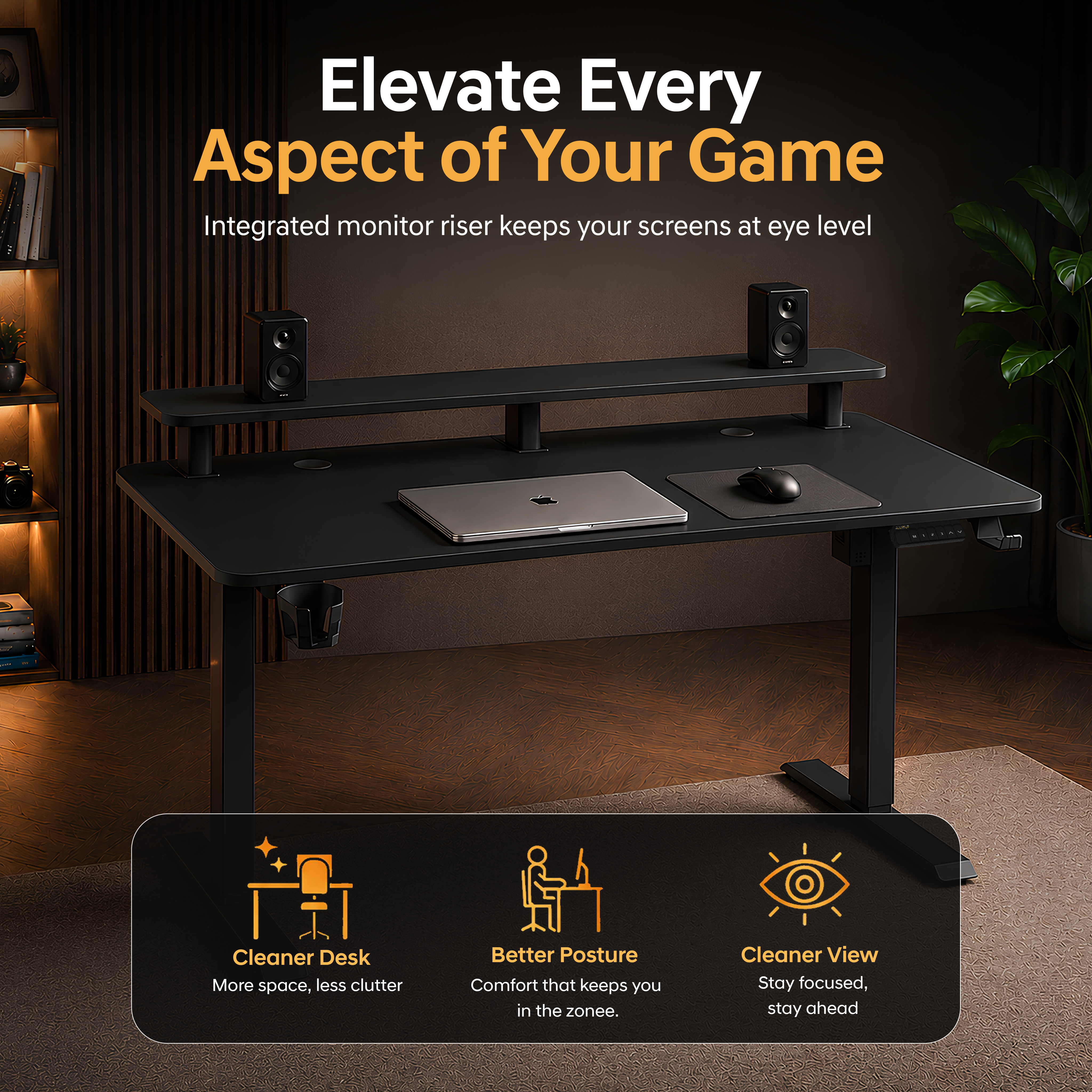 DrLuxur Zenith Momentum Adjustable Desk with Monitor Riser, 70-114 cm , 1400 * 60 cm Table top with child lock and 3 Memory Presets